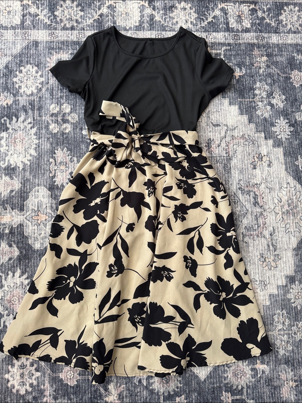 Black & Cream Floral Fit-and-Flare Dress